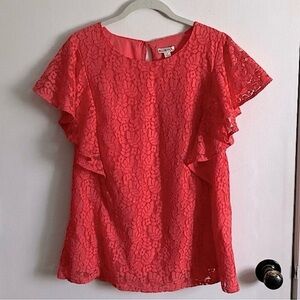 Merona Floral Lace Coral Short Flutter Sleeve Blouse Size Large
